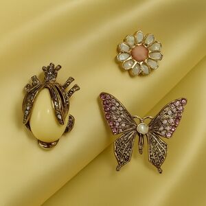 Whimsical Brooch Set – Floral, Beetle & Butterfly Pins - Vintage Styling Jewelry